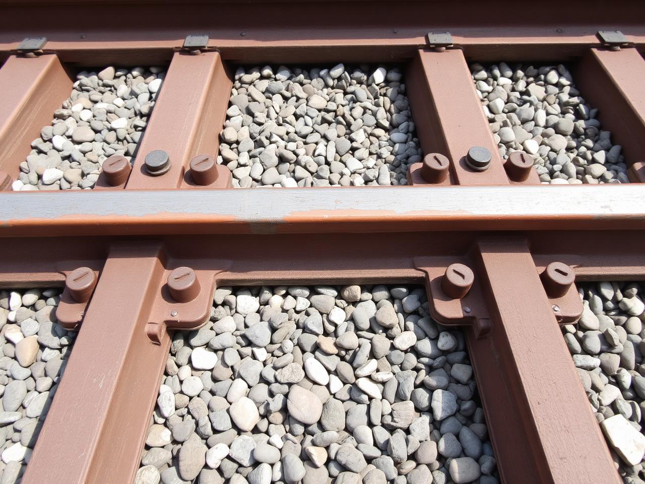 Close survey view of rail fastenings, sleepers and ballast