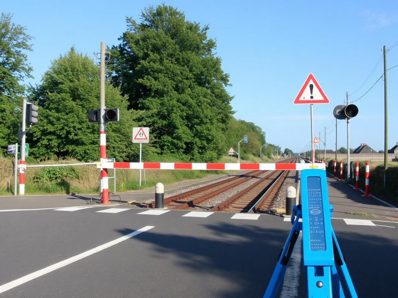 Level crossing with barriers and warning signage captured during a survey pass