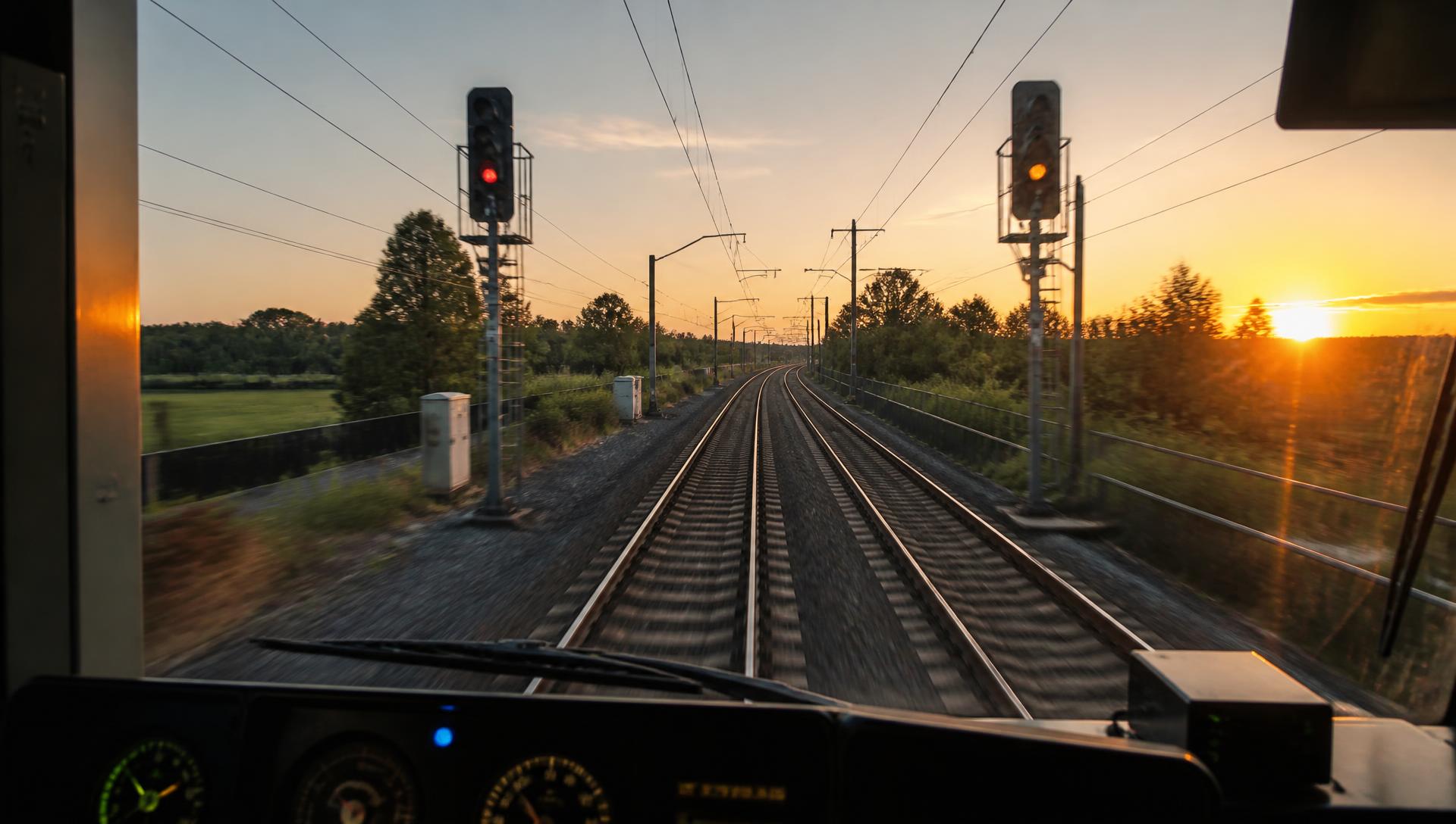 View along an electrified double-track rail corridor at sunset from a train cab
